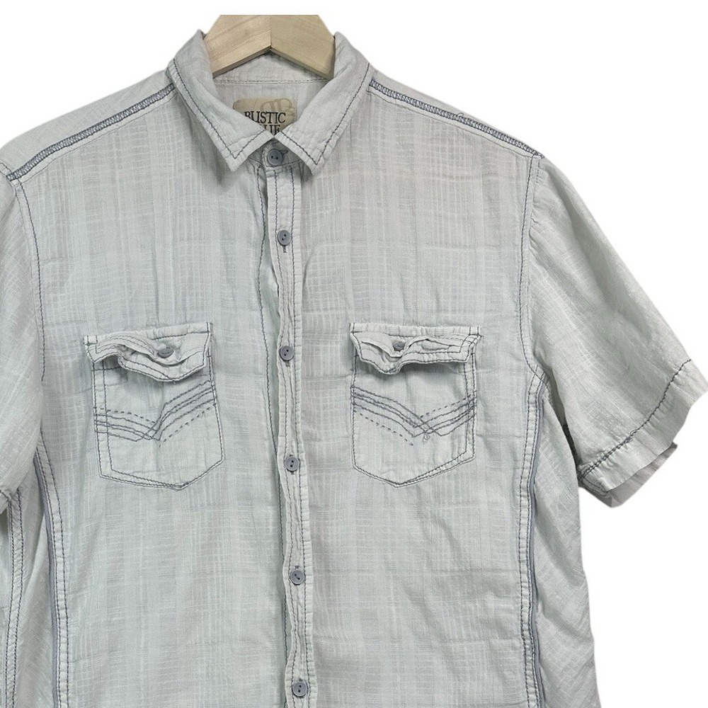 Rustic Blue Shirt Mens L White Button Up Embroidered Cotton Linen